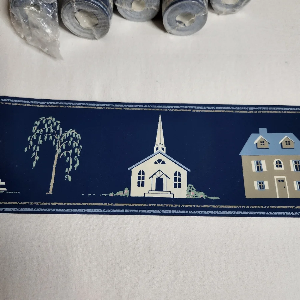 Vintage lot of 8 wallpaper border country cottage house houses church tree blue